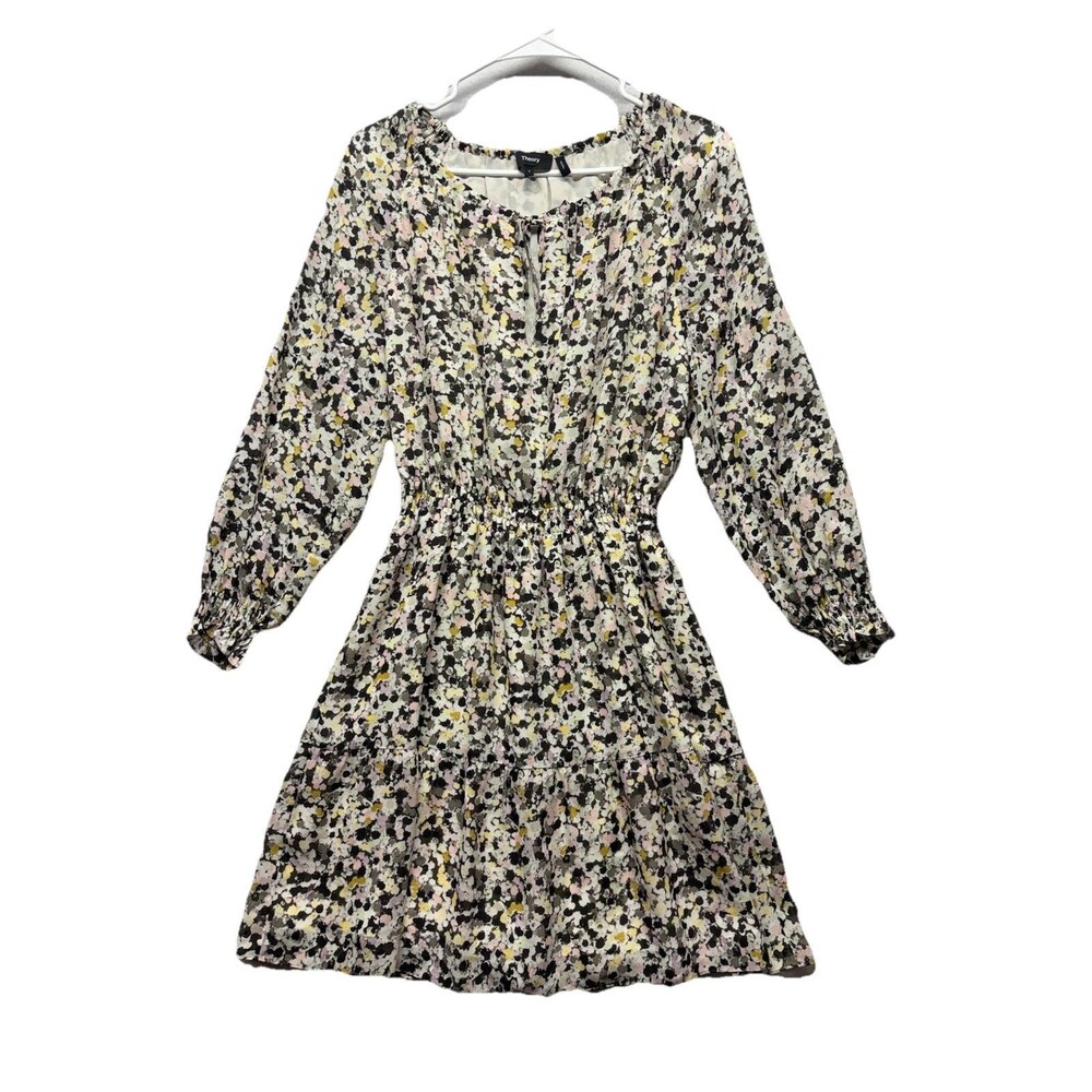 Theory Drawstring Dress Floral Silk Crepe Urban Floral Size Small